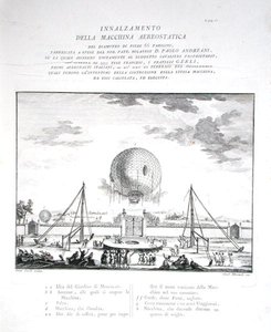 Första bemannade luftballongflygningen i Italien gjord av Paolo Andreani (1763-1823) 1784, graverad av Girolamo Mantelli, publicerad 1785 (gravyr) (se även 206819) av Fratelli Gerli (after)