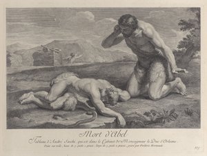 Adam knäböjer i sorg bredvid Abels kropp, medan Kain flyr i bakgrunden, ca. ..., ca. 1729. av Frédéric Horthemels