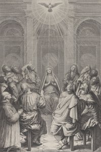 Pingstdagen, med apostlarna och jungfrun sittande i en cirkel, den Helige Ande ap..., 1729-40. av Frédéric Horthemels