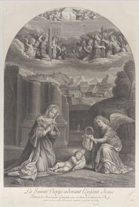 Jungfru Maria avgudar Kristusbarnet, en ängel som håller en törnekrona till höger,..., ca. 1729. av Frédéric Horthemels