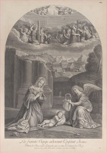 Jungfru Maria avgudar Kristusbarnet, en ängel som håller en törnekrona till höger,..., ca. 1729. av Frédéric Horthemels