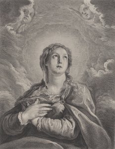Jungfrun, händerna vikta på bröstet, tittar uppåt, 1729-40. av Frédéric Horthemels
