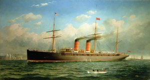 Cunard Liner R.M.S. Umbrien utanför Brooklyn Heights, vid East River, New York av Fred Pansing