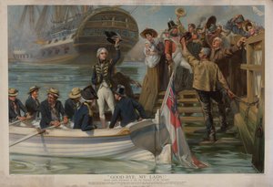Nelson lämnar Portsmouth för att segla mot Trafalgar on the Victory (chromolitho)