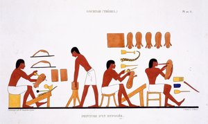 Läderarbetare från en sällsynt uppteckning av fresker från Thebe, inspelad 1819-1822 vid sitt andra besök i Egypten av Frederic Cailliaud (1787-1869), färg litho