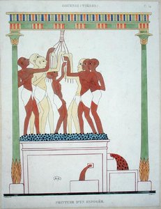 Pressing Grapes, kopia av en väggmålning från Thebe, graverad av Smith (färg litho)