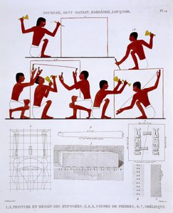 Stonemasons at Work, från en sällsynt uppteckning av fresker från Thebe, inspelad 1819-1822 vid sitt andra besök i Egypten av Frederic Cailliaud (1787-1869), färg litho