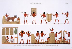 Transport, lagring och inspelning av spannmålsförråd, från en sällsynt uppteckning av fresker från Thebe, inspelad 1819-1822 vid sitt andra besök i Egypten av Frederic Caillaud (1787-1869), färg litho