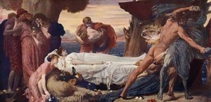 Hercules brottas med döden om Alcestis kropp (färg litho)