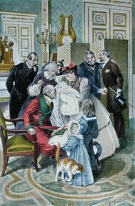 Besöket hos morföräldrarna, efter en original akvarell, sent 1800-tal (färg litho) av Frederic (after) Regamey