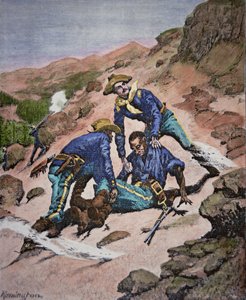 Räddningen av korpral Scott under Geronimo-kampanjen 1886 (färgad gravyr)