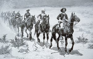 Amerikanska "buffalosoldater" som marscherar i öknen, från en teckning från 1888 (gravyr)
