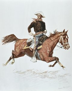Amerikansk kavalleriofficer i kampanjklänning från 1870-talet (litho i färg)