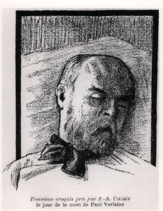 Skiss av Paul Verlaine på sin dödsbädd, från "La Plume"