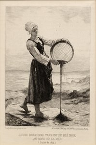 A Young Bretonne Winnowing Bowheat at the Seaside, graverad av Cadart 1874 (tryck)