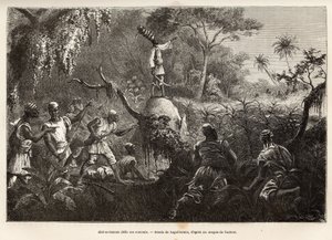 Abd es Samate, vän och löjtnant av Mounza, kung av Mombuttous, utmanar sina fiender Zandes (eller niam niam) som förklarade krig mot dem, graverar efter teckningen av Laguillermie, som illustrerar en resa till hjärtat av Afrika, 1868- 1871, av
