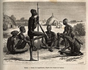 Dinkas från byn Koudj (Senegal), vars kropp täckt med aska, för att skydda dem från insekter och parasiter är också ett kosmetiskt och socialt inslag, graverat efter Laguillermies teckning, som illustrerar resan till Afrikas hjärta 1868-1871