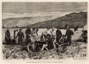 USA:s geologiska uppdrag är ungt på slätten, etsat efter teckningen av Laguillermie, som illustrerar en uppsättning geografiska uppdrag genom United States National Park, från 1870 till 1872, av herrarna Hayden, Doane och Langford, publ.