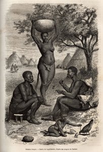 Typer och aktiviteter av kvinnliga Bongos (Centralsudan), med sin metallprydnad, klockor och häftklamrar som de sätter på sina öron och läppar, graverade efter teckningen av Laguillermie, som illustrerar resan till Afrikas hjärta 1868-1871, av Dr. Geor