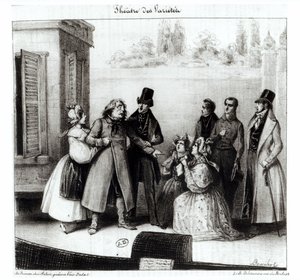 Föreställning av "Le Pere Goriot" av Honore Balzac (1799-1850) på Theatre des Varietes, ca 1840
