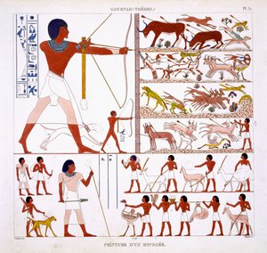 Jaktscener, från en sällsynt uppteckning av fresker från Thebe, inspelade 1819-1822 vid sitt andra besök i Egypten av Frederic Cailliaud (1787-1869), färg litho