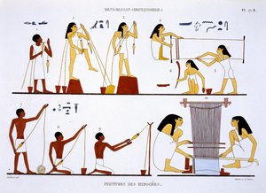 Spinning tråd och vävning, från en sällsynt uppteckning av fresker från Thebe, inspelad 1819-1822 vid sitt andra besök i Egypten av Frederic Cailliaud (1787-1869), färg litho