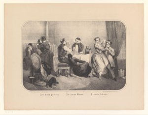 Grupp av män och kvinnor i en interiör Les maris garçons / Die freien Männer / Bachelor hubants (titel på objekt) av Frederic Charles Wentzel (possibly)