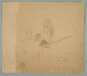 Ett halmtak och ett tegeltak med trädtoppar i ett bergigt landskap nära Chimborazo, Ambato, Ecuador av Frederic Edwin Church