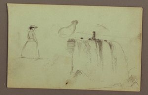 En promenadflicka, en hukande kyckling och American Falls på Niagara River av Frederic Edwin Church