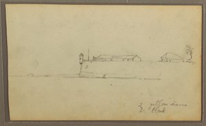 Teckning, Ett fort; Verso: Botaniska skisser, Hus, 1857 av Frederic Edwin Church