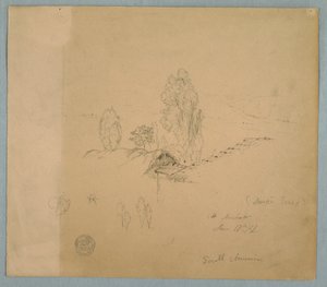 Teckning, Ett halmtak och ett tegeltak med trädtoppar i ett bergigt landskap nära Chimborazo, Ambato, Ecuador, 17 juni 1857 av Frederic Edwin Church