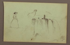 Teckning, En gående flicka, en hukande kyckling och de amerikanska vattenfallen vid Niagarafloden, möjligen 1856 av Frederic Edwin Church