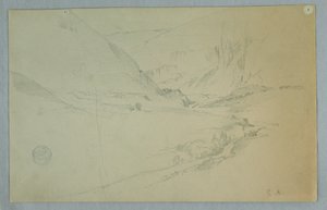 Teckning, Andinsk bergsdal med slingrande bäck, Colombia eller Ecuador, 1857 av Frederic Edwin Church