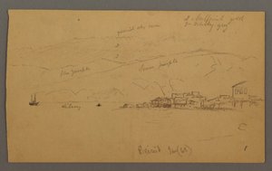 Teckning, vik med hus och berg i bakgrunden, januari 1868 av Frederic Edwin Church