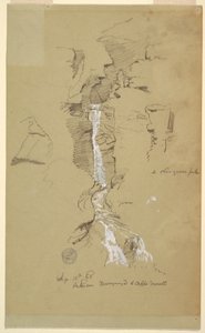 Ritning, kaskad mellan Ceppo Morelli och Macugnaga av Frederic Edwin Church