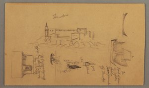 Ritning, Slott, Minaret, Segelbåtar, Hus, maj 1868 av Frederic Edwin Church