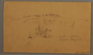 Ritning, Slott, Minaret, Segelbåtar, Hus, maj 1868 av Frederic Edwin Church