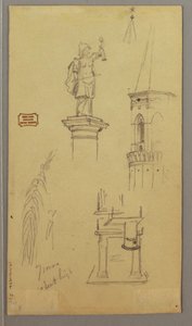 Ritning, kyrka, byggnad, täckt bro, möjligen 1868-69 av Frederic Edwin Church