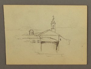 Ritning, Kyrkans torn med angränsande byggnader, möjligen 1868-69 av Frederic Edwin Church