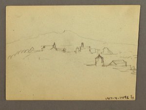Ritning, Kyrkans torn med angränsande byggnader, möjligen 1868-69 av Frederic Edwin Church