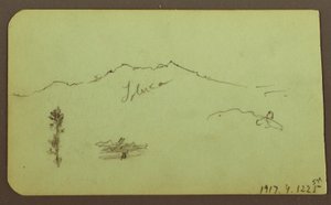 Teckning, kyrka; Averso: Bergslandskap, "Taluca", 1883 av Frederic Edwin Church