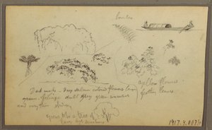 Teckning, Kyrka, torn; Averso: Figurer i kanot, Botaniska skisser, 1857 av Frederic Edwin Church