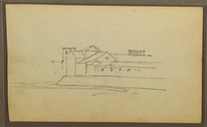 Teckning, Kyrka, torn; Averso: Figurer i kanot, Botaniska skisser, 1857 av Frederic Edwin Church