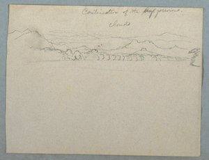 Teckning, Molnbeklätt sydamerikanskt bergslandskap sett vid en bukt, del 2 , 1853, troligen maj av Frederic Edwin Church
