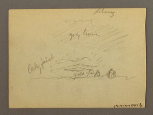 Teckning, Molnstudie över byggnader, möjligen 1868-69 av Frederic Edwin Church