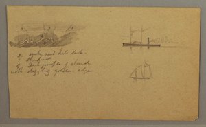 Teckning, Molnstudie, ångbåt, segelbåt, möjligen 1865-66 av Frederic Edwin Church