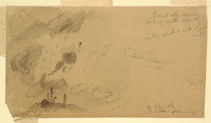 Teckning, Molnig kvällshimmel över en bergskedja, juli 1866 av Frederic Edwin Church