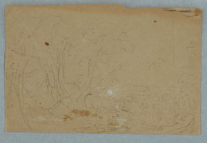 Teckning, Molnig himmel över kuperat landskap; Averso: Fullmånen speglar sig i en bäck, 1845-50 av Frederic Edwin Church