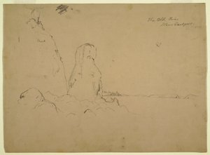 Teckning, kust med "The Old Friar Neaer Eastport", ca 1851 av Frederic Edwin Church