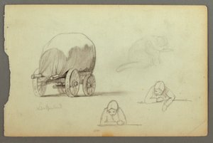 Teckning, Täckt vagn, Tre studier av en kvinna, möjligen 1868 av Frederic Edwin Church
